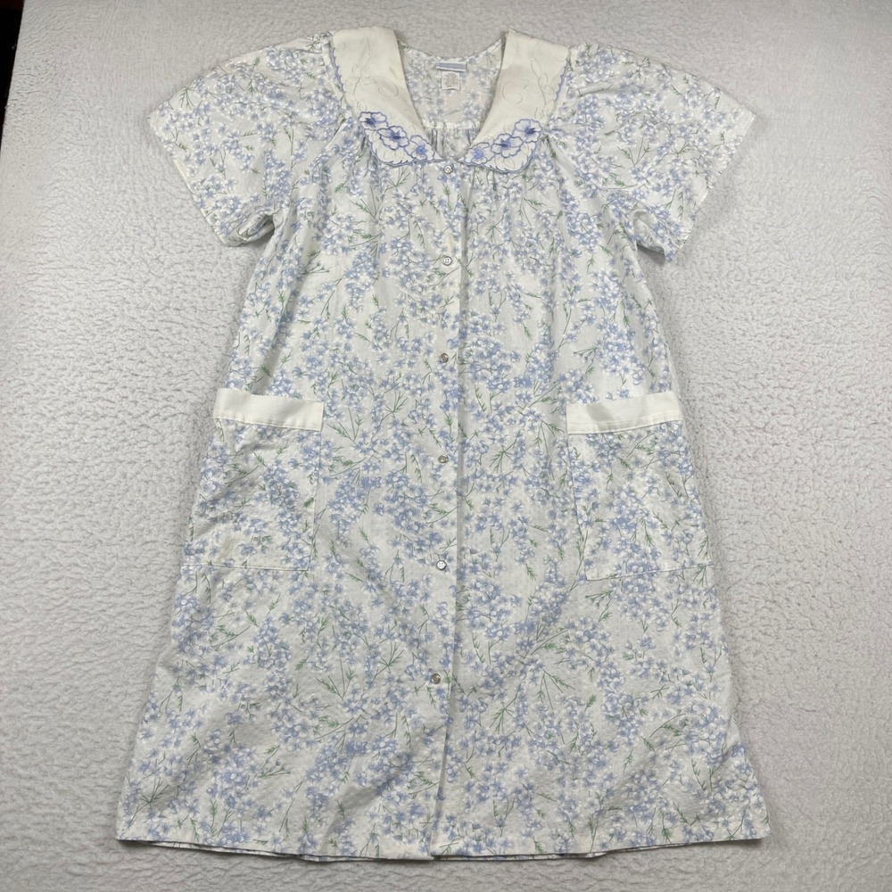 Morning News Floral House Dress Womens‎ Small Blue White Embroidered Duster USA
